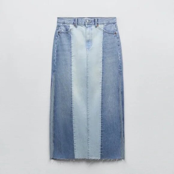 ZARA Patchwork Denim Jean Side Slit Skirt NWT Size XS - Picture 2 of 6